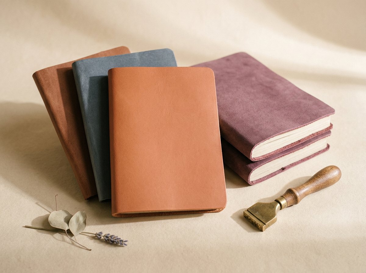 Handmade leather journals in terracotta, slate and plum with exposed cream page edges