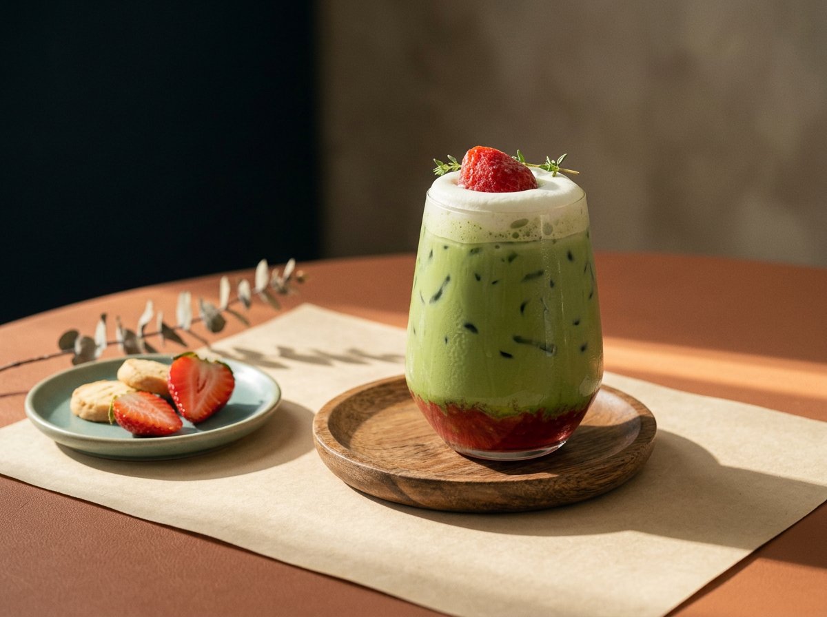 An iced strawberry matcha latte with foam, a fresh strawberry and a thyme sprig
