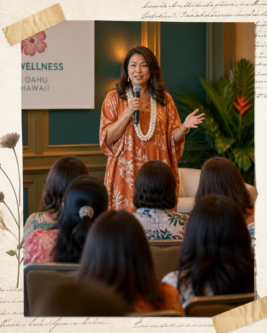 A speaker with a microphone sharing with a small seated audience at a wellness event